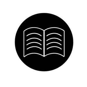 White, open book icon inside black circle background