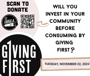 Will you invest in your community before consuming by giving first? Donation campaign flier with QR code top left