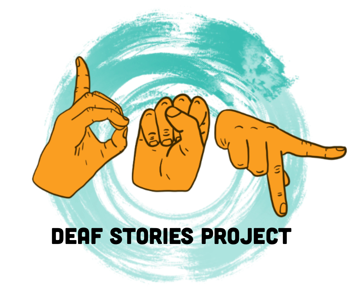 Deaf Stories Project Logo with American Sign Language handsigns for D, S, P and an energetic circular swirl in the background